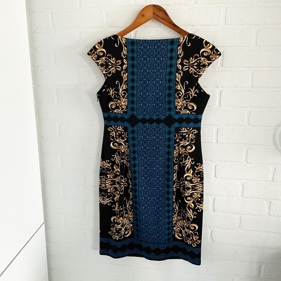 Maggie London Mini dress Paisly Scarf print Stretch Blue Gold Black Sz 6 Petite - Picture 13 of 15